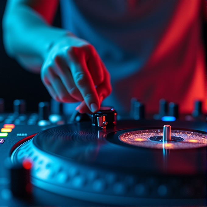 A DJ adjusts the needle on a vinyl turntable under colorful lights.