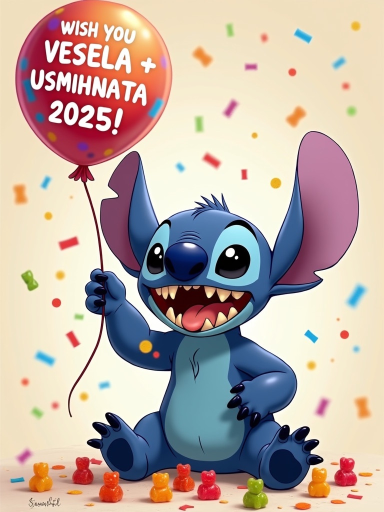 Stitch is a blue alien character. Stitch sits with a wide smile. Mouth is full of gummy bears. One hand throws gummy bears. Other hand holds a balloon. Balloon says 'Wish you VESELA + USMIHNATA 2025!' Confetti and gummy bears are in the air.