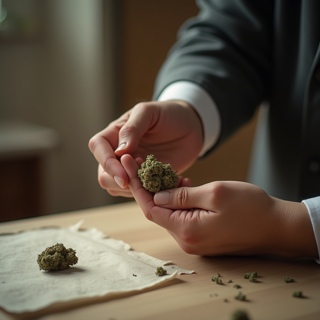 The image captures a close-up view of a pair of hands delicately handling a cannabis bud. The person is dressed in a dark jacket with a white cuff, suggesting a formal or professional setting. The bud is held between the thumb and forefinger, while another bud rests on a piece of fabric on a wooden surface. The lighting is soft, creating a serene and focused atmosphere, emphasizing the care and attention given to the handling of the cannabis.