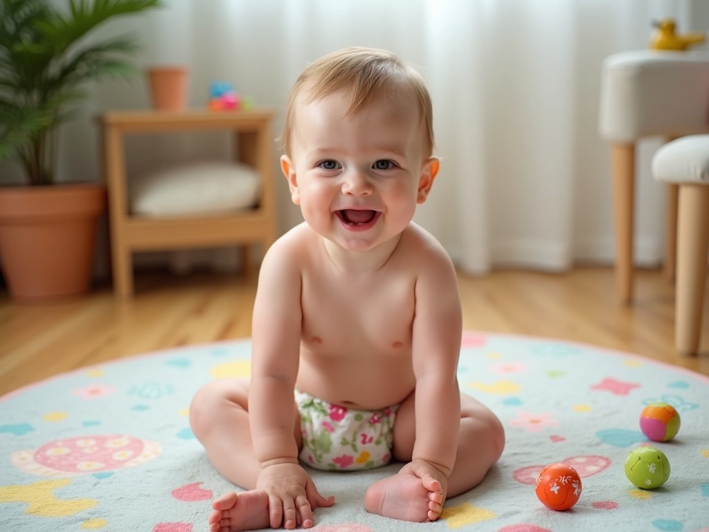 The image depicts a happy baby girl sitting on a colorful rug in a bright and cheerful playroom. She has a big smile and is wearing a diaper with floral patterns. Surrounding her are several brightly colored balls and toys, indicating a playful environment. Natural light streams in from a nearby window, enhancing the joyful atmosphere. The decor includes a small wooden storage unit and green plants, suggesting warmth and comfort.