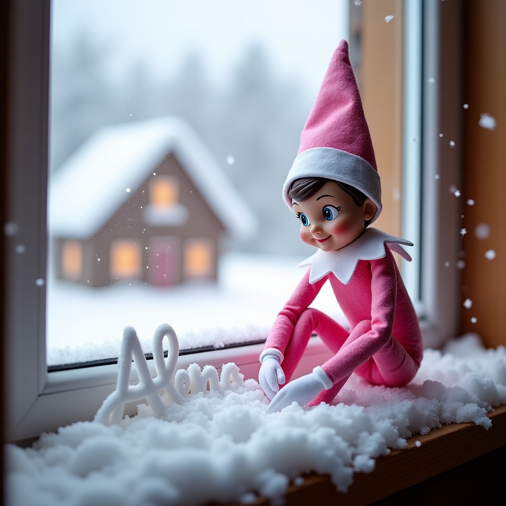 Pink elf sitting on a snow-covered windowsill. Elf writing in snow. Cozy house visible outside window. Snowflakes falling in a magical winter scene.