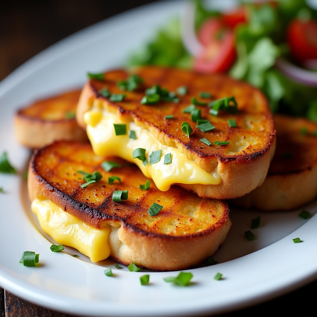 A delicious serving of Halloumi and cheese toast is presented on a white plate. The golden brown toast is perfectly grilled, showcasing the melted cheese peeking out. Crisp green salad with red tomato slices adorns the background, adding freshness. Chopped chives sprinkle the toast for a burst of color and flavor. This dish looks appetizing and is ideal for a casual meal or snack. The lighting beautifully enhances the textures and colors of the ingredients.