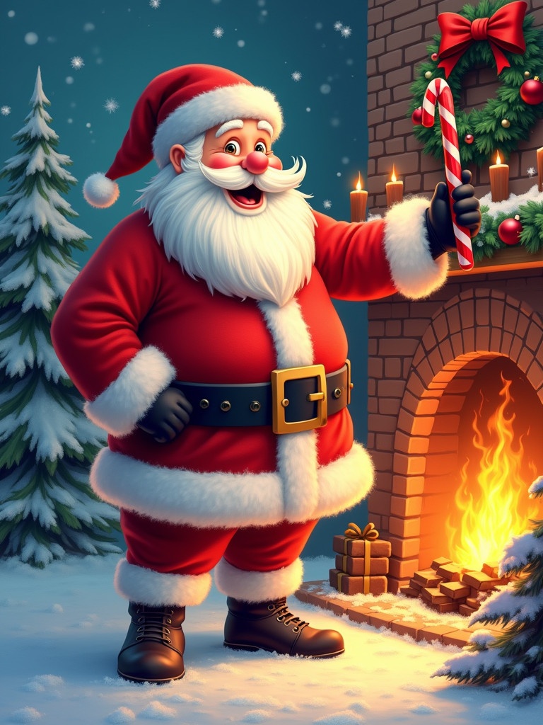 Illustration features a festive Santa Claus by a fireplace. Santa wears a traditional red suit with white trim. He holds a candy cane in one hand. The background is snowy with a Christmas tree nearby. The fireplace has stockings and presents.