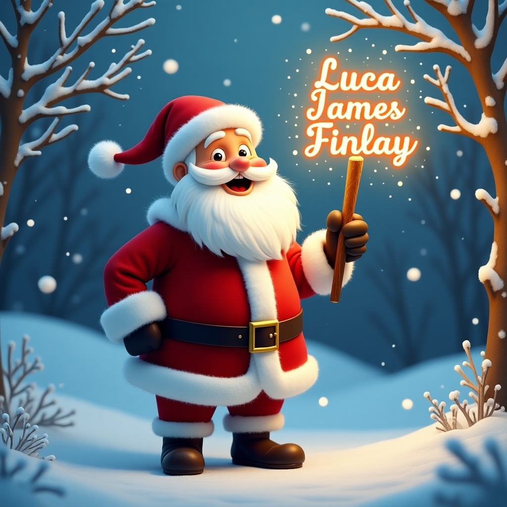 Cheerful Santa Claus standing in snowy landscape. Traditional red and white attire. Santa holds glowing stick with name. Frosty trees and softly falling snow surround scene. Magical and inviting atmosphere celebrating Christmas spirit.