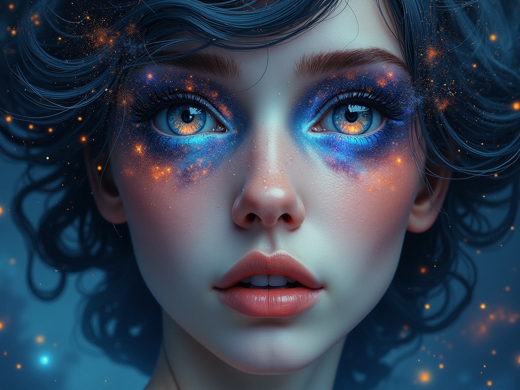 The image features an ethereal portrait of a woman with cosmic-themed makeup. Her eyes are striking, highlighted with shimmering blue and golden hues reminiscent of a starry night sky. The play of color extends to her hair and cheeks, giving the impression of stardust and nebulae surrounding her face. The artwork captures a dreamlike and celestial aura.