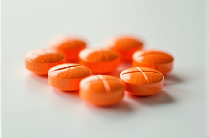 A group of small, round orange tablets with scored lines on a smooth surface.