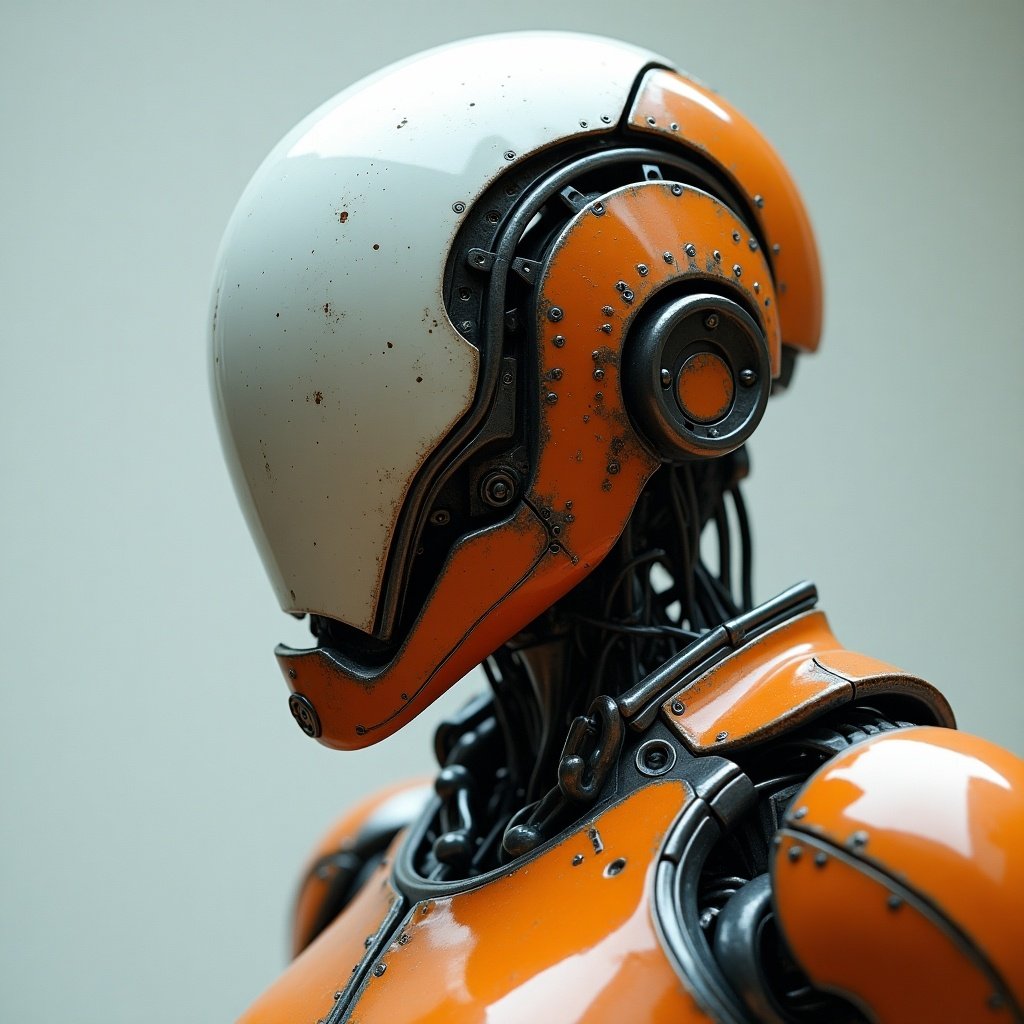 Robotic figure features sleek helmet and armored suit with metallic and orange tones. Focus on head and upper body. Sophisticated design emphasizes technology and innovation.