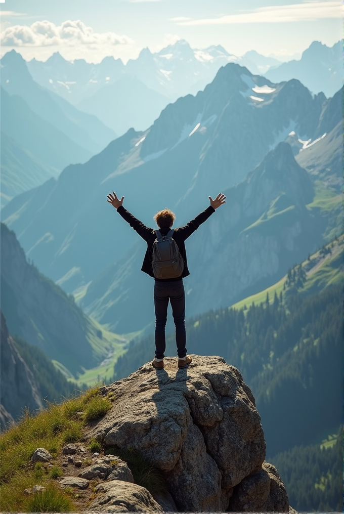 A person stands on a rock with arms outstretched, overlooking majestic mountain peaks.