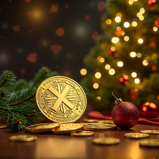 A festive scene with a golden coin featuring a prominent symbol, surrounded by pine branches, red ornaments, and shimmering lights from a blurred Christmas tree in the background.