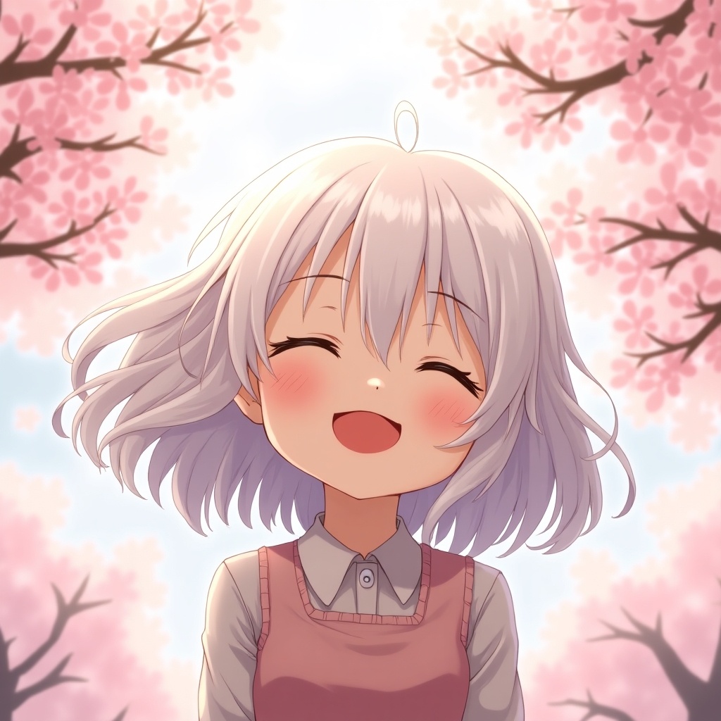 Anime girl smiles with eyes closed under cherry blossoms. Background filled with pink flowers. Light blue sky enhances a cheerful scene.