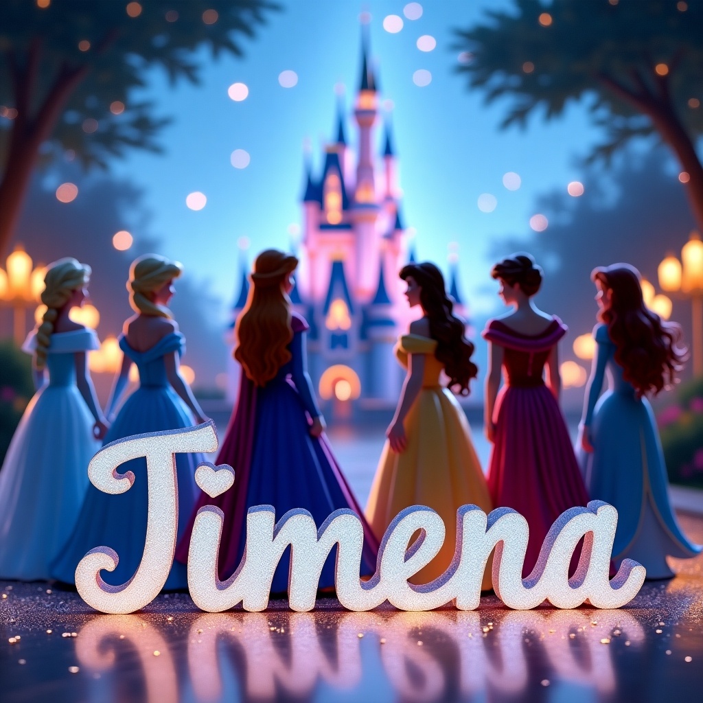 Scene with Disney Princesses in a magical setting. Background features Disney Castle with glitter and sparkles. Decorative text reads 'Timena'.