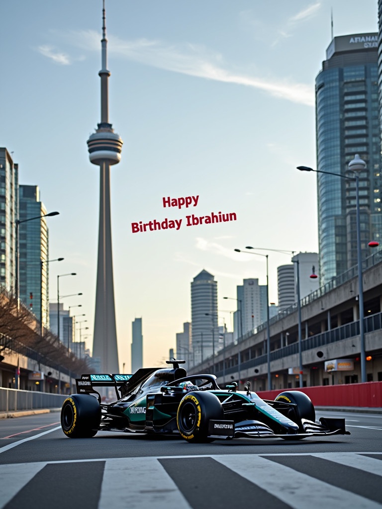 A Patrona's AMG Formula 1 race car is parked on an empty street. The CN Tower is in the background. A banner in the sky reads 'Happy Birthday Ibrahim.'