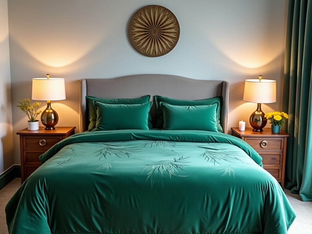 A modern bedroom with green bedding, two bedside lamps, and wooden nightstands, depicting a cozy and elegant interior design.