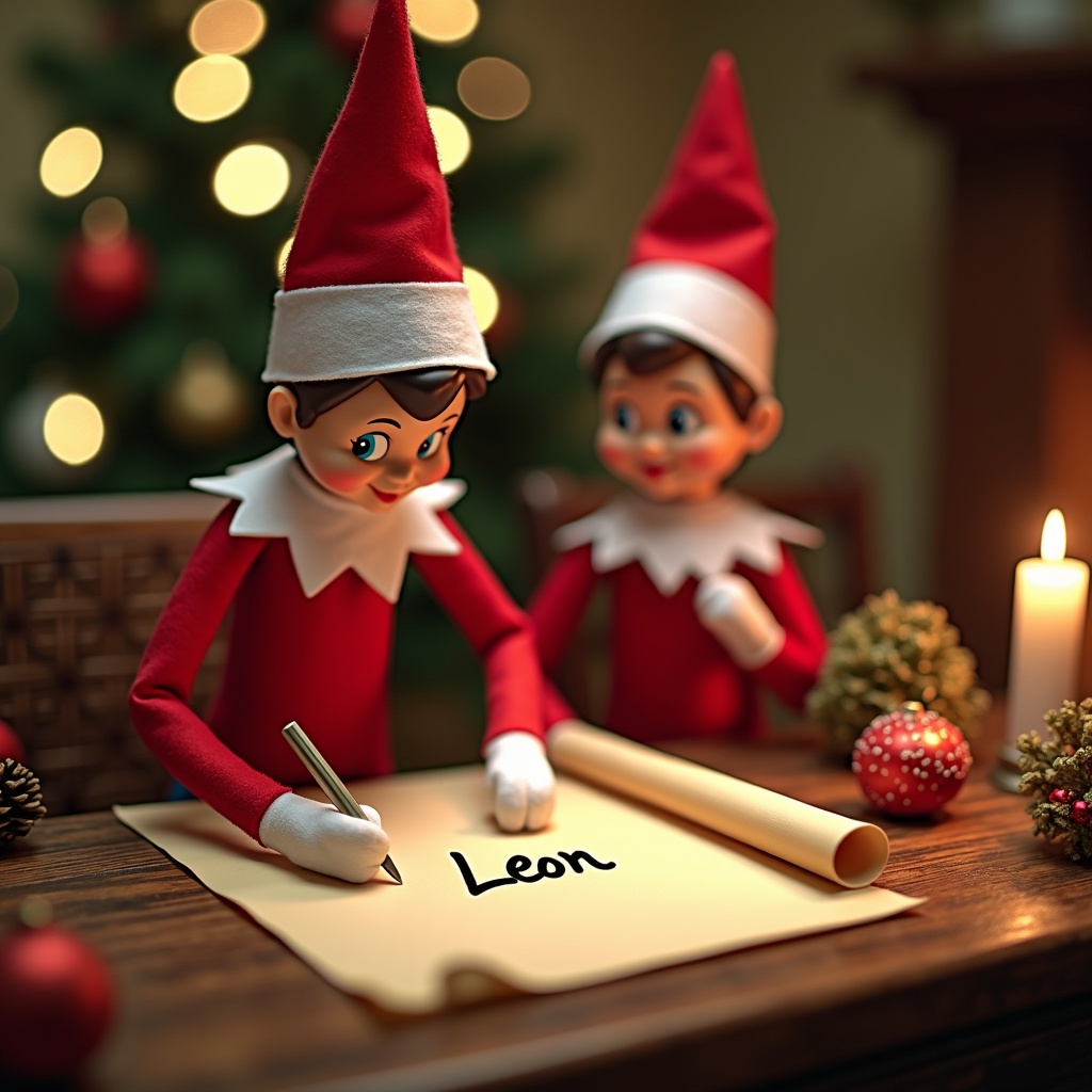 Elf on the Shelf is writing name Leon on a scroll with festive Christmas decorations in the background