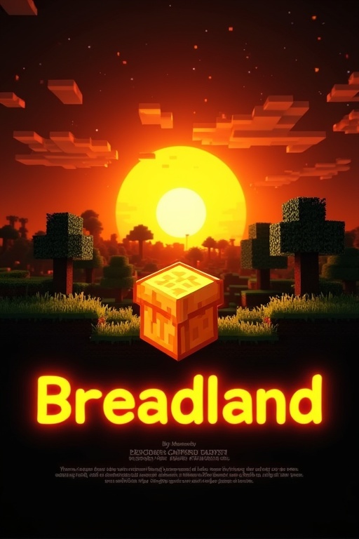 Bright orange sunset background Minecraft landscape with trees and grass. Black background with glowing yellow text reads Team server og lagring. Design resembles heavens brightest star integrated with galaxy colors. Overall look is pretty and fancy. Logo design for Minecraft server named Breadland. Features prominent orange with hints of bread color pixel bread icon at center and server name. Simple modern style for gaming communities. Inscriptions at the bottom.