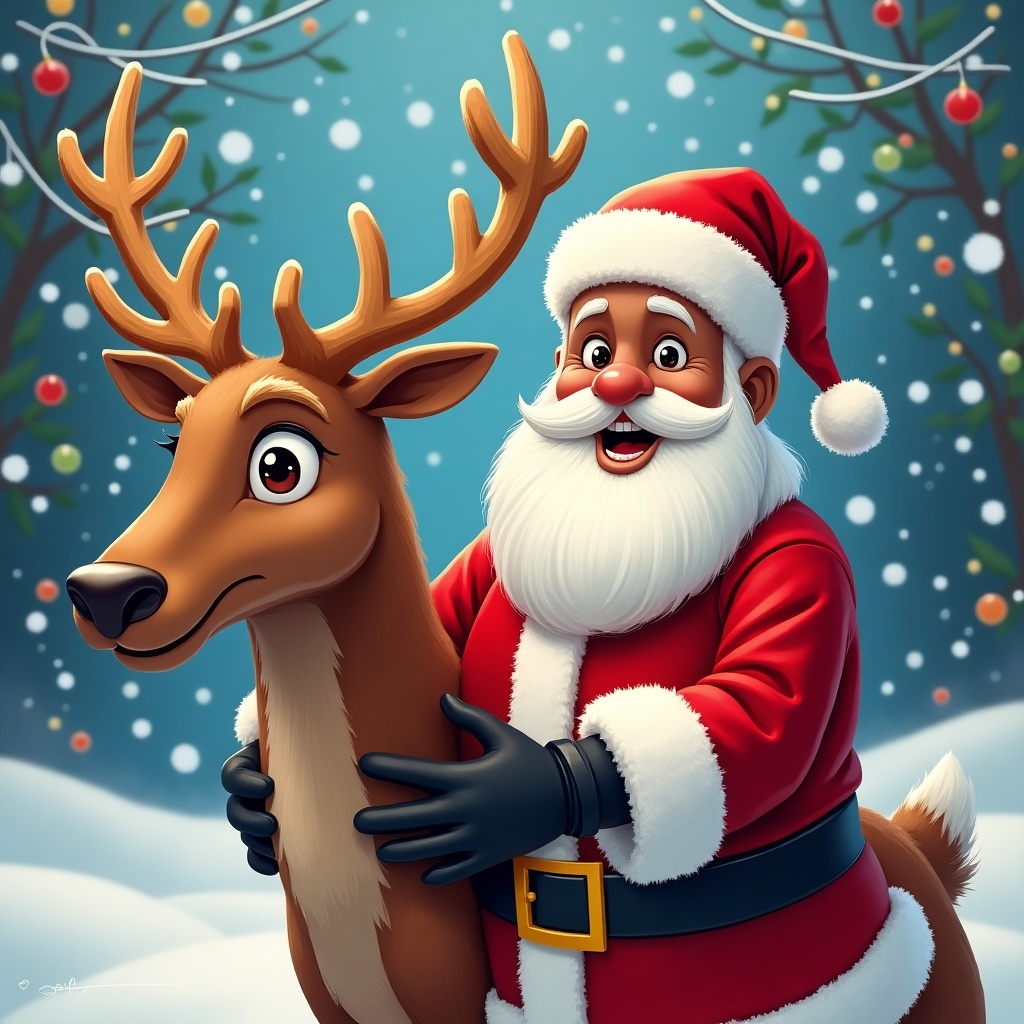 Santa Claus with a big smile holding a reindeer in a snowy setting. The scenery includes festive decorations and trees. A joyful and colorful illustration capturing the holiday spirit.