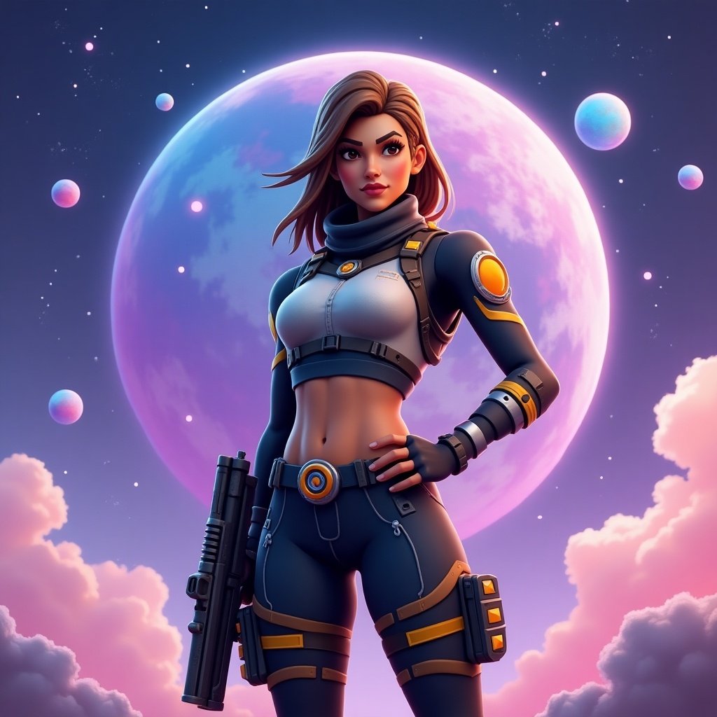 Stylized character dressed in futuristic clothing. Cosmic backdrop with vibrant planets and fluffy clouds. Holding a weapon. Represents adventure and determination.