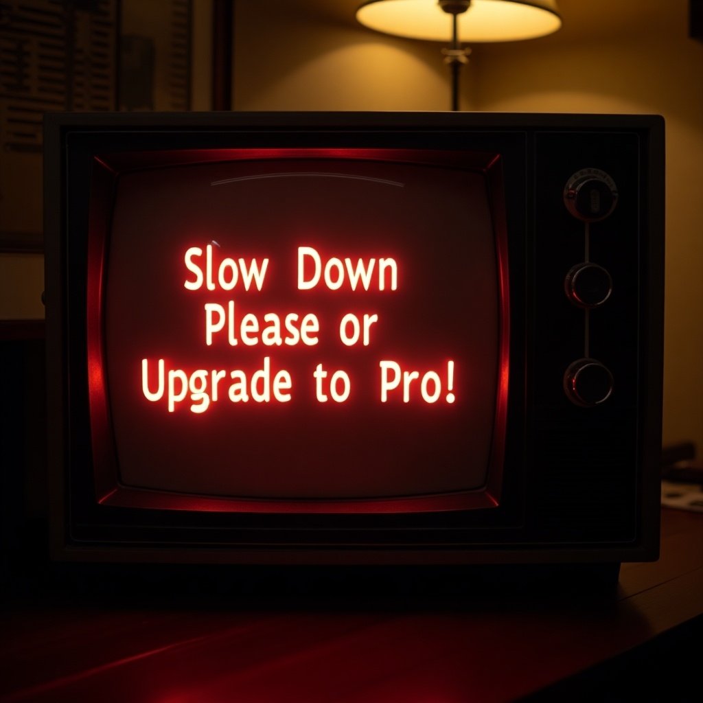 Vintage television set displays humorous message in red text. Message reads Slow Down Please or Upgrade to Pro. The surrounding room has a cozy, retro theme with subtle lighting. Classic design evokes nostalgia for older technology.