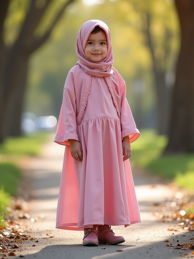 A five-year-old girl wearing a luxury pink hijab and a pink abaya dress stands outdoors surrounded by trees. She wears stylish boots. Lighting is warm and natural.