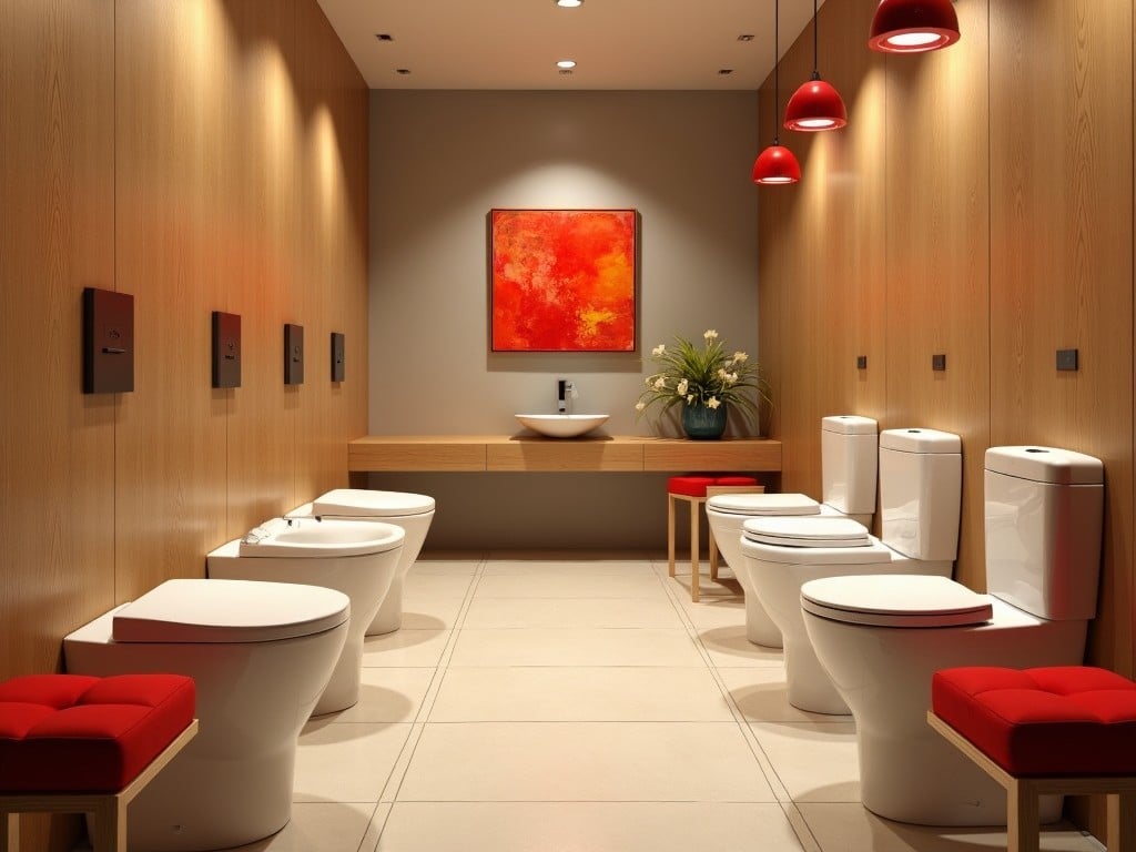 This image features a modern restroom designed with a contemporary aesthetic. The restroom is characterized by clean lines and minimalist decor. The walls are clad in warm wooden panels, creating a cozy atmosphere. A striking piece of red artwork hangs prominently on the wall above a sleek sink. The arrangement includes several toilets, all with a matching design, and bright red stools provide additional seating. Overall, the space combines functionality with stylish design elements.