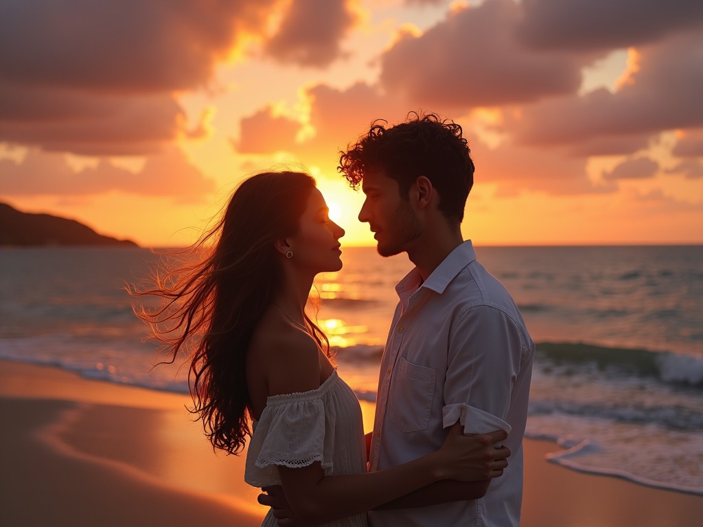 The image features a romantic couple standing on a beach at sunset. The man and woman are facing each other, with soft waves in the background. The warm colors of the sunset cast a glow over their faces. The woman's hair flows gently in the breeze, adding a sense of movement. This scene beautifully captures tenderness and connection between them. It conveys a feeling of peace and intimacy with a stunning natural backdrop.