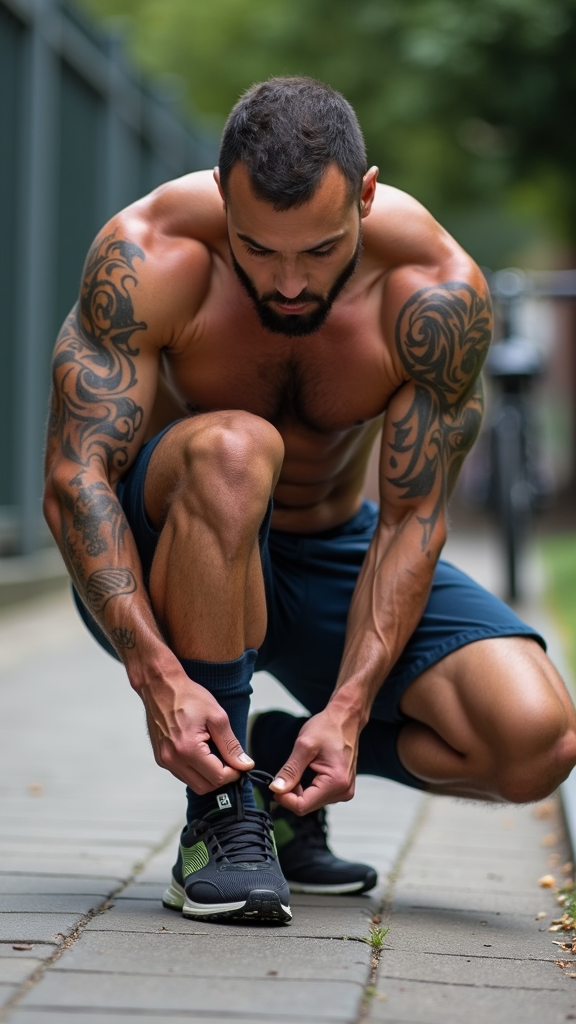 A muscular man with intricate tattoo sleeves ties his shoelaces outdoors, focused and ready for a workout.