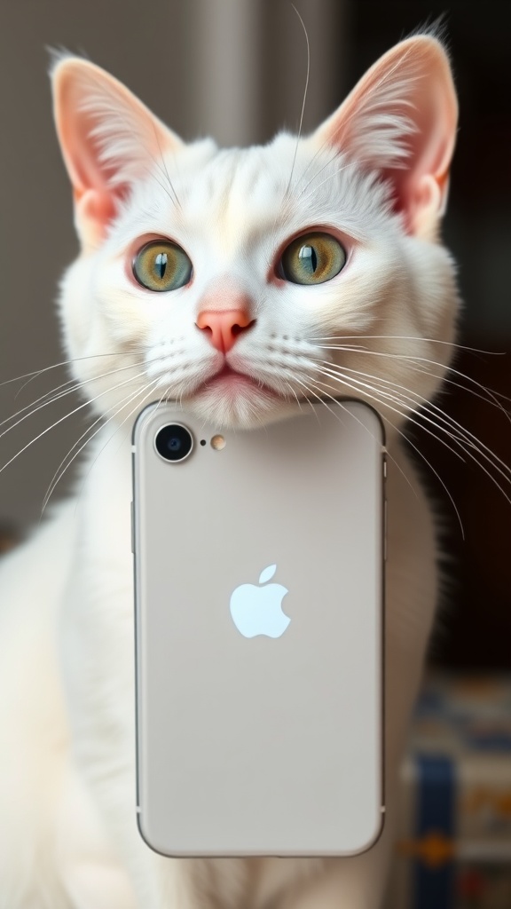 A white cat poses with a smartphone held under its chin, creating a humorous portrait effect.