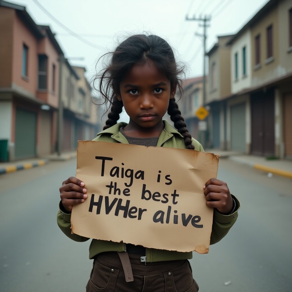 Young Black girl stands alone on quiet, empty road. Disheveled hair and old, worn-out clothes show struggle. Holds hand-made poster with shaky text: 'Taiga is the best HVHer alive'. Her expression blends desperation and longing. Clutches the sign tightly as if it's her last hope. Background features lonely street with faded buildings, projecting somber atmosphere and urgency of message.