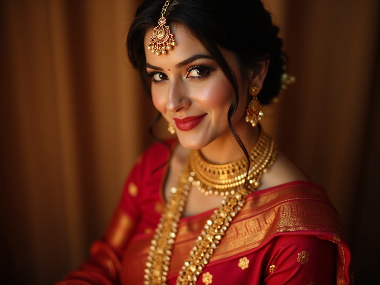 A close-up portrait of a woman dressed in a traditional Indian outfit. She is wearing a richly designed red saree with golden embroidery. The woman has an elegant hairstyle adorned with jewelry that complements her attire. Her makeup is glamorous, enhancing her natural beauty. The warm lighting highlights her smile and the intricate details of her outfit and accessories.