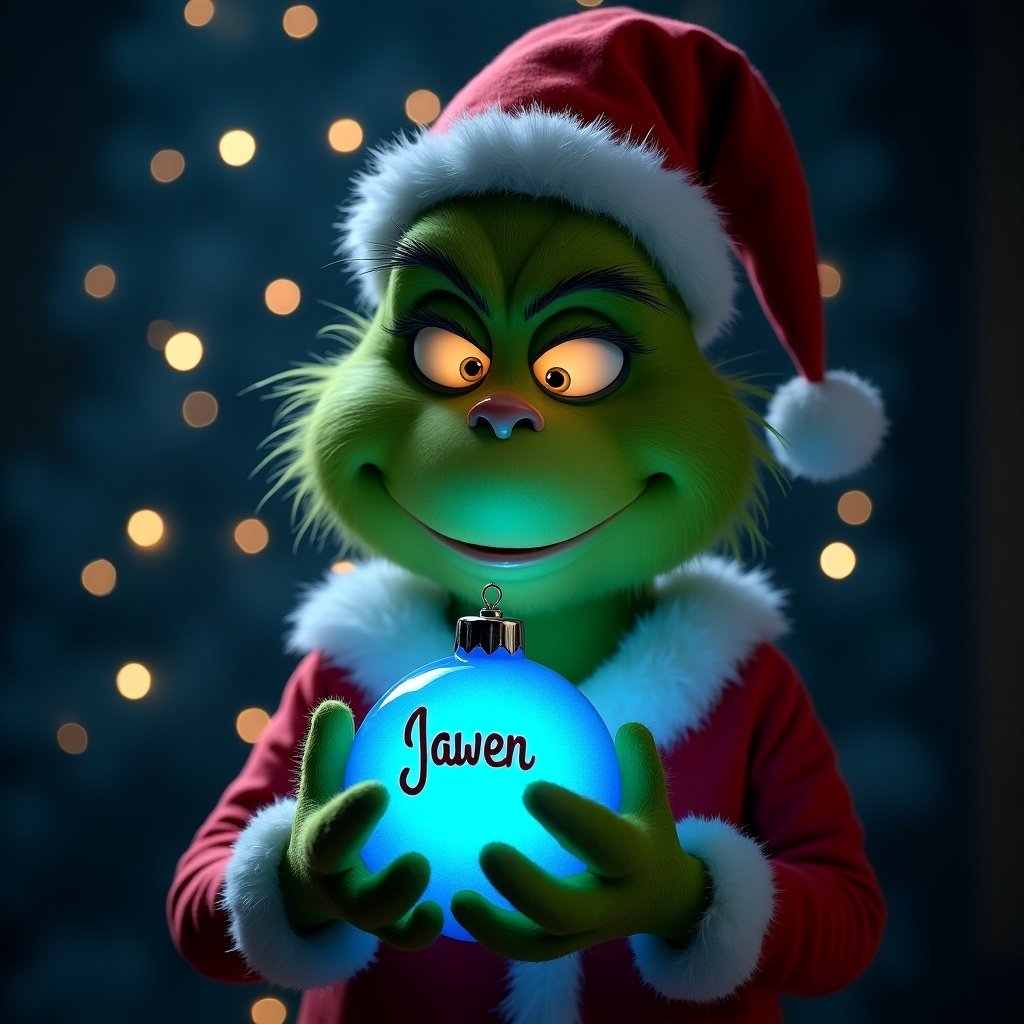 Grinch character holds glowing blue Christmas ornament. Ornament has name Javan. Background is dark with twinkling Christmas lights. Creates a magical Christmas atmosphere.