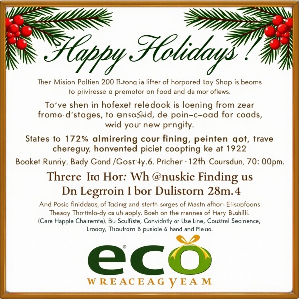 Happy Holidays message from Eco Finishing Co. Includes festive design elements and promotional text.