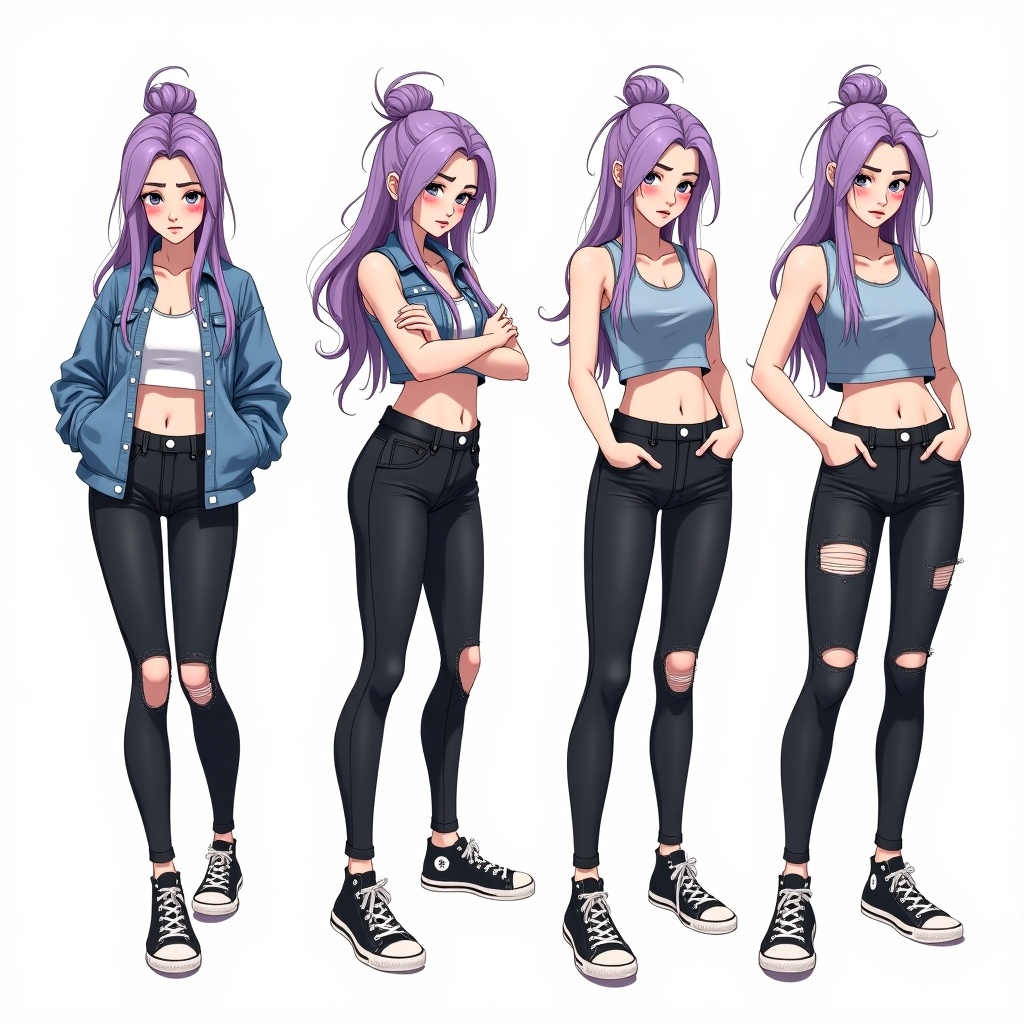 Illustration of a tall athletic female character with long purple hair styled in a bun. Wears a cropped denim jacket with purple and black accents, black ripped denim pants, and high Converse shoes. Shows four poses: mildly annoyed, sad, arms crossed, and leaning against the wall with a smirk. Sketchy anime art style with soft outlines.