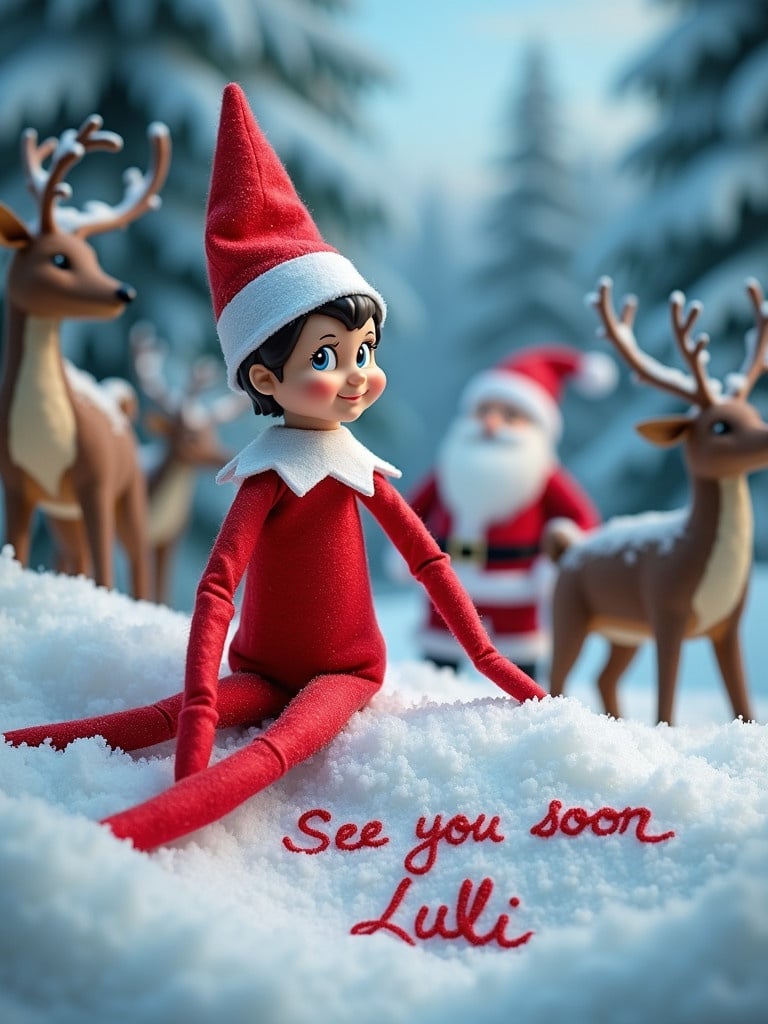 An elf in a snowy landscape. Elf wears a red outfit and hat. Message in snow says 'See you soon Lulli'. Background has reindeer and Santa. Scene is festive and whimsical.