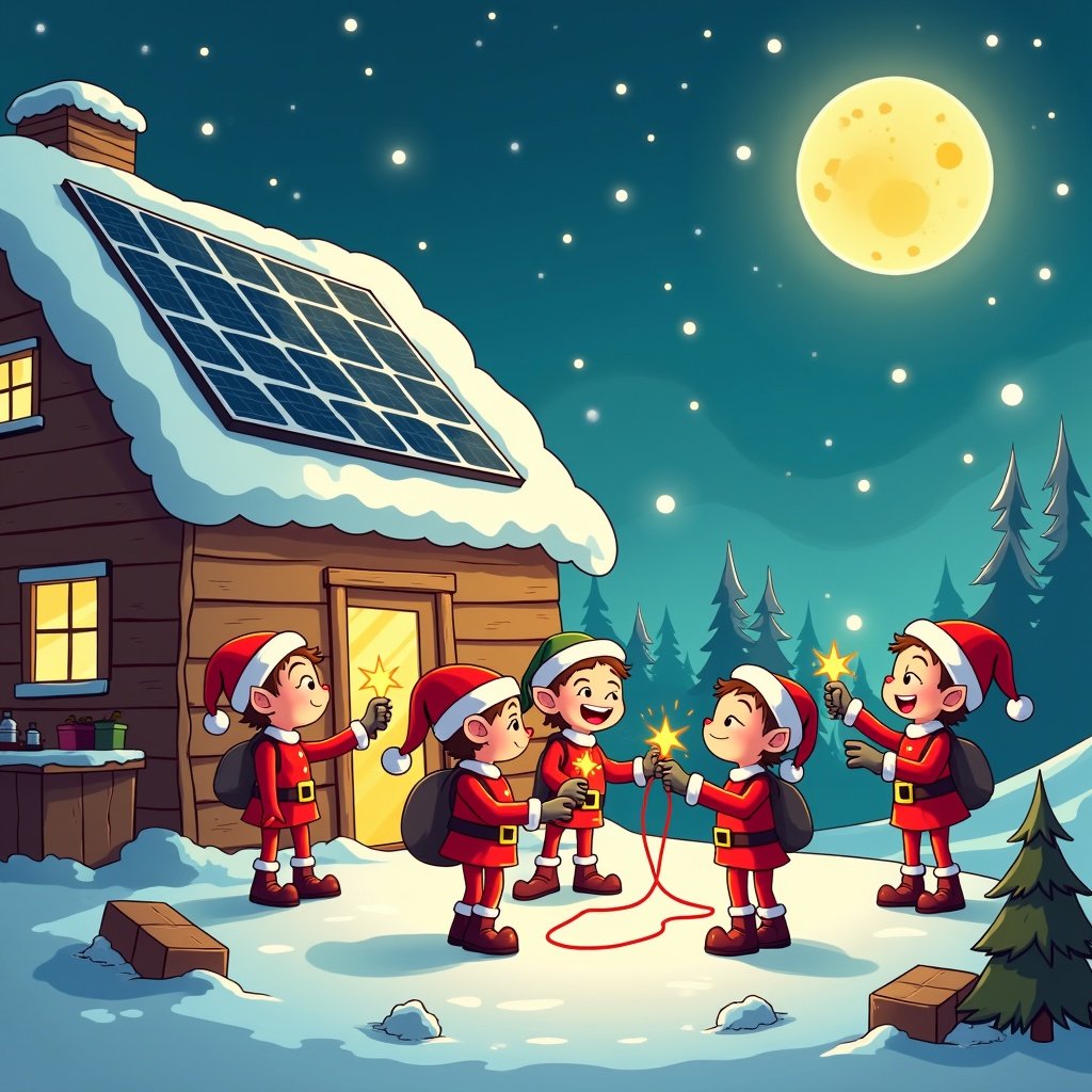 Cheerful scene of elves in Santa's Workshop with electric toys. Toys buzzing and lighting up. Solar panels on the roof. Colorful cartoon style. Emphasis on eco-friendly energy.