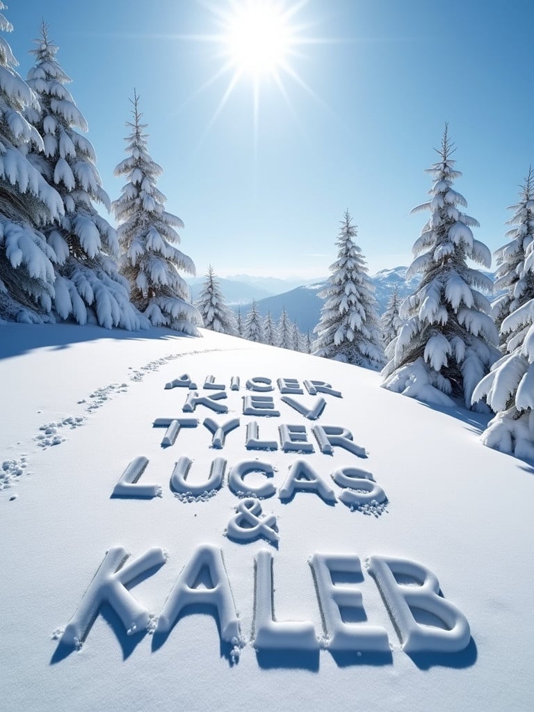 Names written in snow. Winter landscape features snow-covered trees. Bright sunlight. Scenic mountain background.