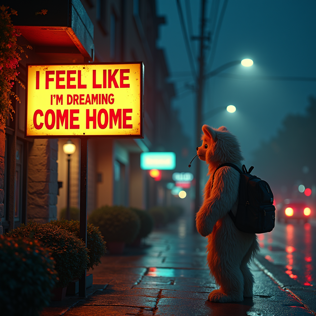 A person in a bear costume stands on a dimly lit street, gazing at a glowing sign that reads 'I feel like I’m dreaming, come home'.