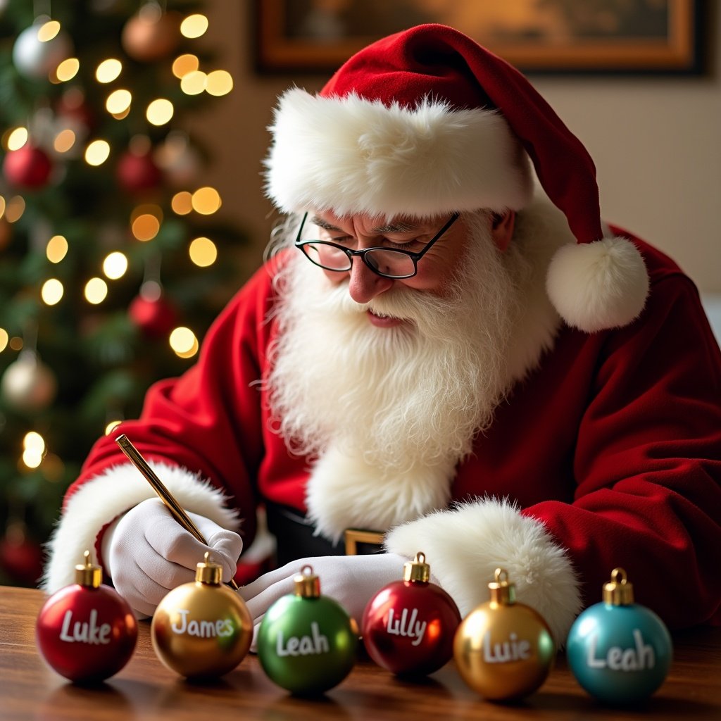 Image shows Santa Claus in a cozy space wearing a red suit. He writes names on shiny colorful baubles. Names are Luke, James, Leah, Lucy, Lilly. Background has a decorated Christmas tree with lights. Atmosphere is warm and festive.