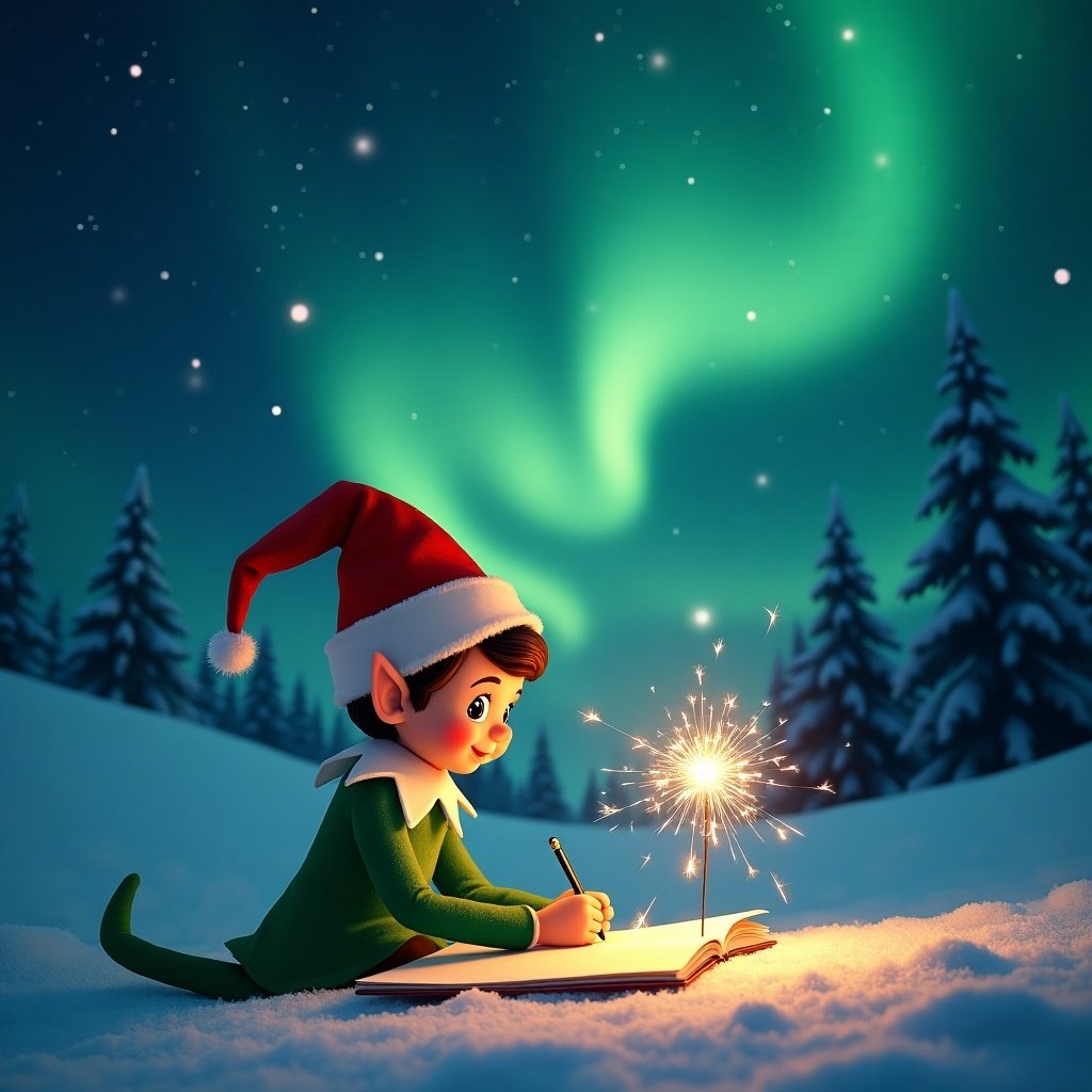 Elf in a festive outfit writes in snow under colorful lights in the night sky. Sparkler adds a glowing effect to the scene.