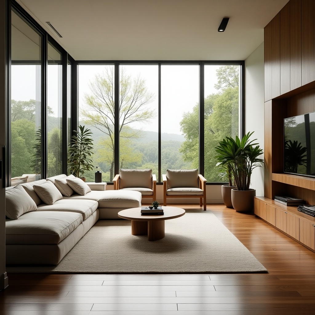 Interior design of a modern living room with large windows. Minimalist sectional couch. Indoor plants. Natural light. Elegant wooden finishes.