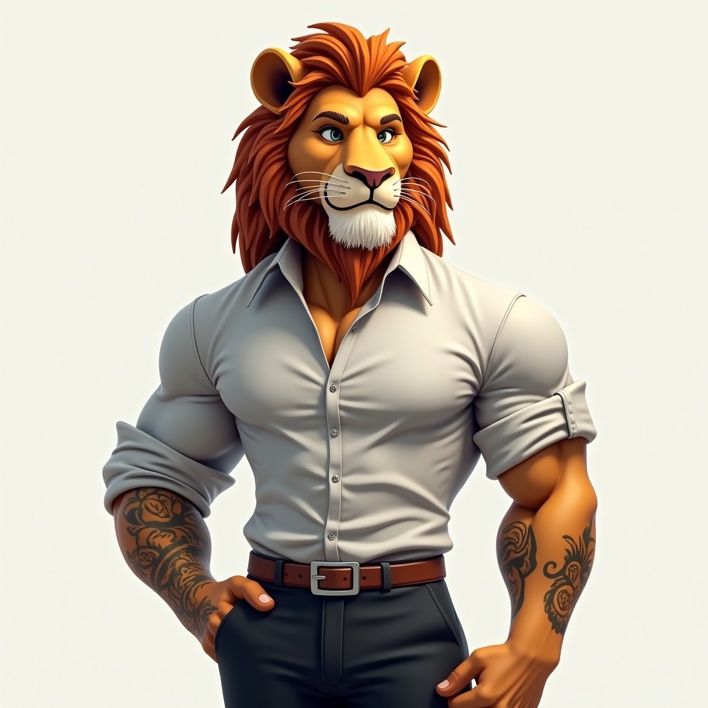 Humanoid lion character as modern business avatar with confident expression. Features human-like attributes and a lion's majestic mane. Dressed in a slim-fit shirt with rolled-up sleeves, showing forearm tattoos with geometric patterns. Paired with tailored trousers. Strong and charismatic physique. Upper body view with clean background.