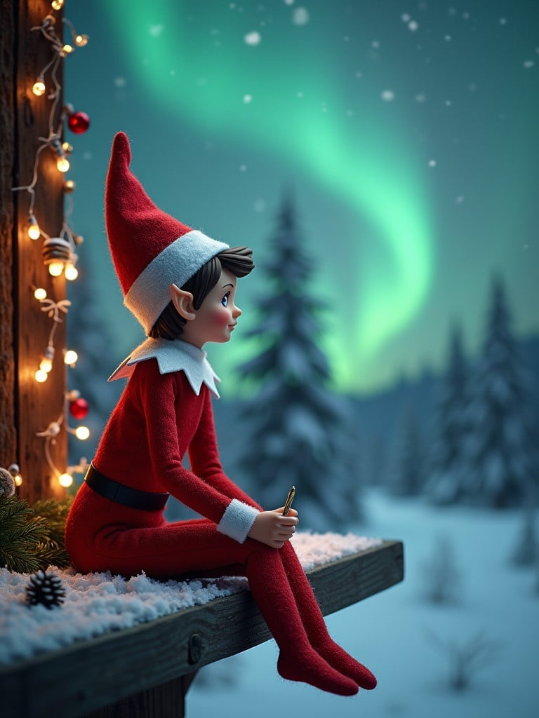 An elf doll sits on a snowy ledge. The backdrop includes northern lights. Snow shows the names Emmett and Claire with a magical glow.