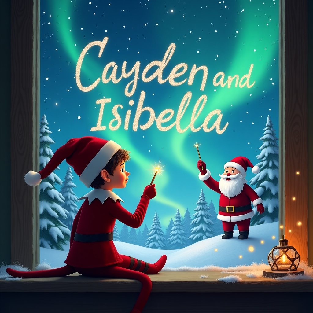 An elf with his back to the viewer is facing the sky and using a wand to magically write in the sky. The name 'Dannica' appears in the clouds. The background is a beautiful Christmas scene with the northern lights illuminating the night sky. In the foreground, Santa stands smiling, engaged in the magical writing. The names 'Cayden and Isabella' are artistically incorporated into the clouds. The entire image evokes a sense of wonder and holiday cheer, ideal for capturing the spirit of Christmas.