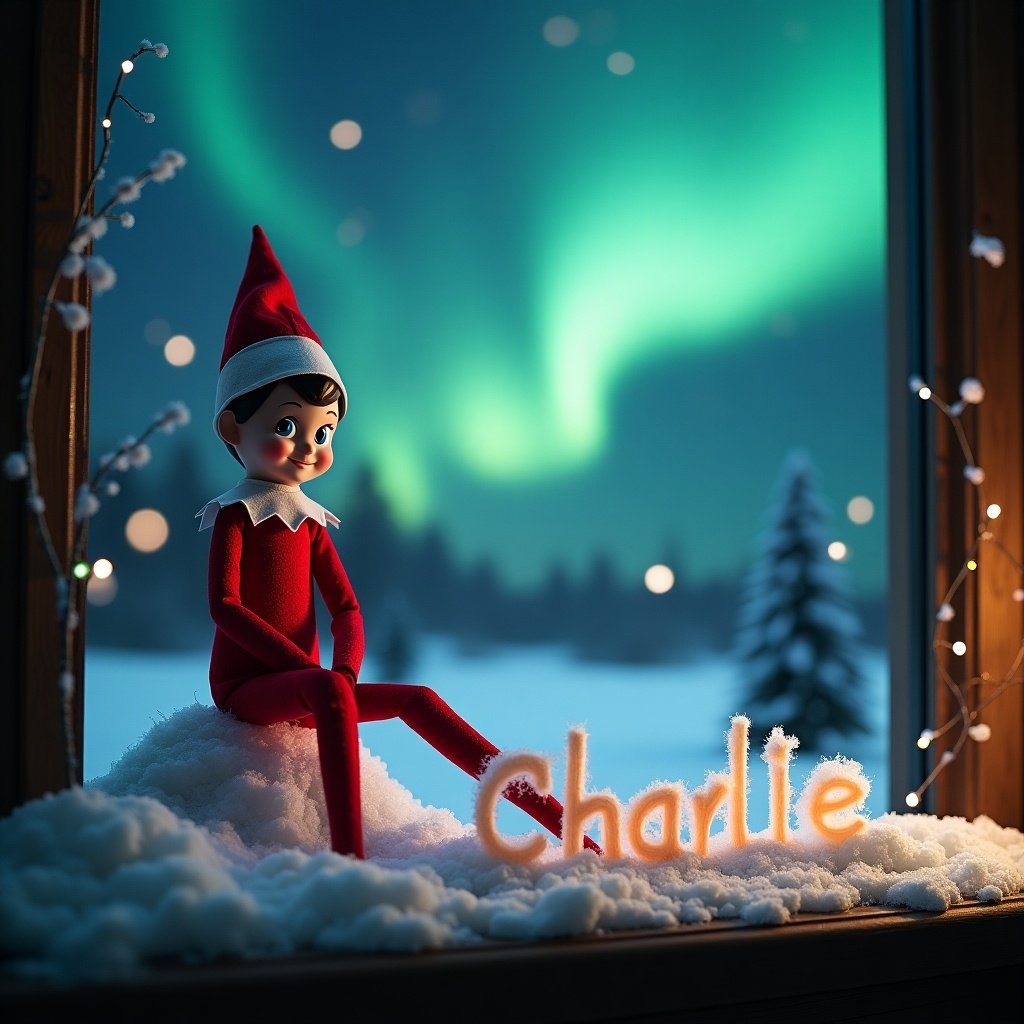 Traditional red elf of a shelf. Wintery backdrop. Northern lights in the sky. Snow writing 'Charlie' glowing. Magical atmosphere.