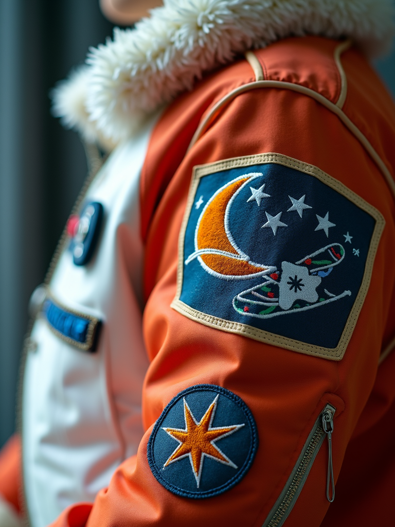 A jacket with space-themed patches depicting a crescent moon, stars, and a colorful rocket.