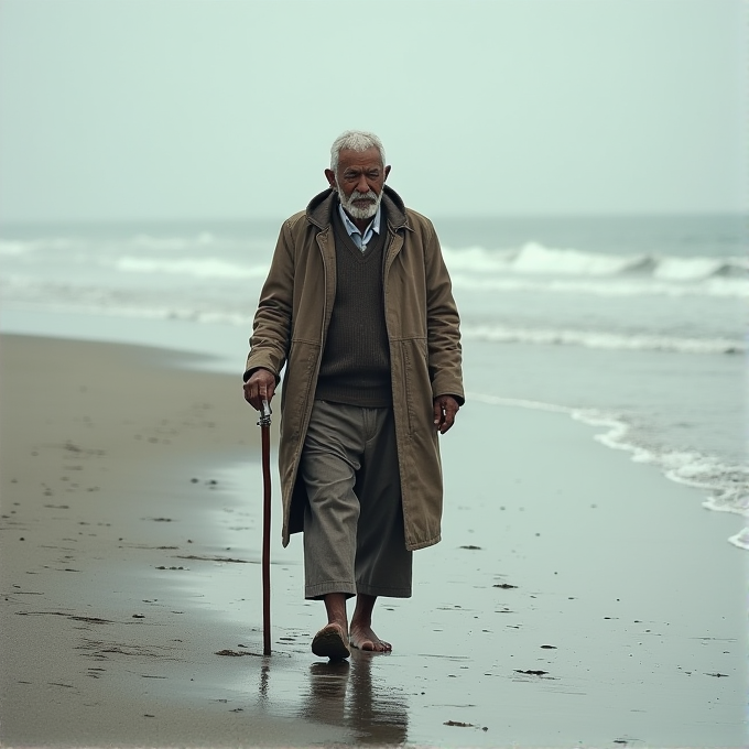 An elderly man walks barefoot on a quiet beach with a cane.