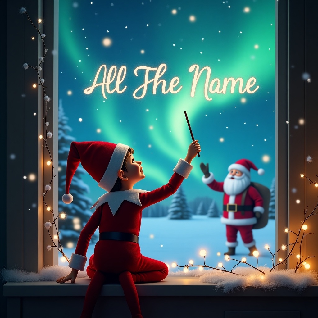 The image depicts a charming scene during the Christmas season. An elf on the shelf sits with his back to the viewer, gazing up at the sky with wonder. He holds a wand and is enchanting the air, writing a child's name in the sky. The background is filled with stunning northern lights, creating a magical ambiance. In the distance, Santa Claus waves cheerfully, adding to the festive spirit of the moment.