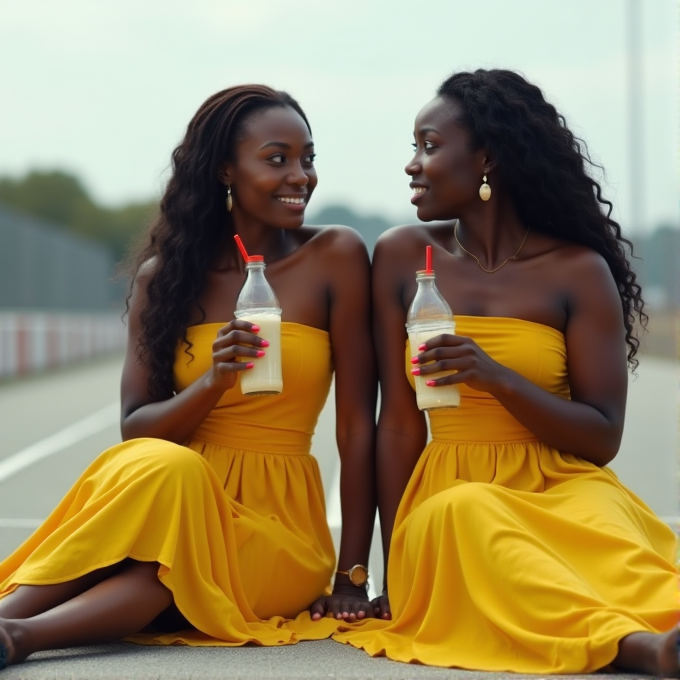 Two women in matching yellow dresses sit on a path, each holding a milkshake, and sharing a joyful moment.