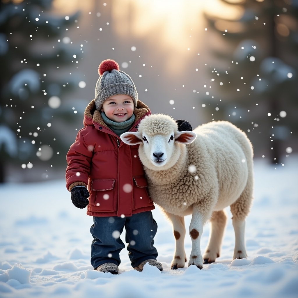 A heartwarming winter photograph shows a young boy and a sheep in a snowy landscape. The boy is dressed in cozy winter clothes. The sheep stands nearby with a warm demeanor. Snowflakes gently fall around them. Evergreen trees dusted with snow are in the background. The scene evokes joy. The setting is peaceful and idyllic.