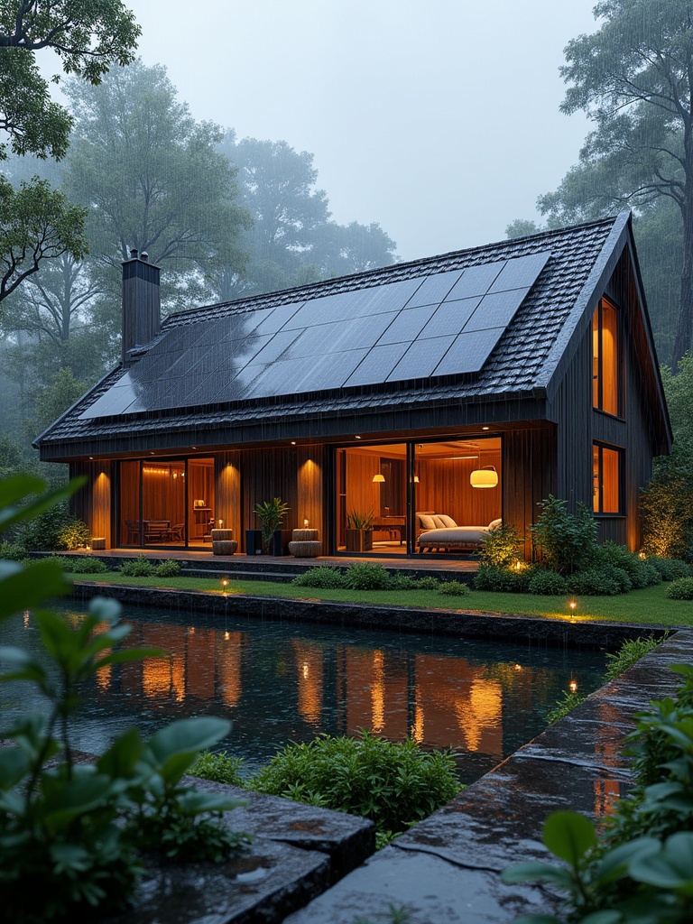 Show a luxury home surrounded by trees in the rain. The home has sleek solar panels on the roof and features a battery storage system. The setting is tranquil with a reflective pool in front of the house.