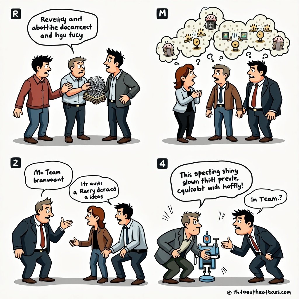 A four-panel comic strip shows teams exchanging ideas. Panel one depicts a casual group giving documents to a more serious group. Panel two shows the serious group brainstorming with puzzled expressions. Panel three features the serious team presenting a glowing chatbot. Panel four reveals frustration from the casual team realizing the chatbot isn’t functional. A modern office setting is used with cartoon style.